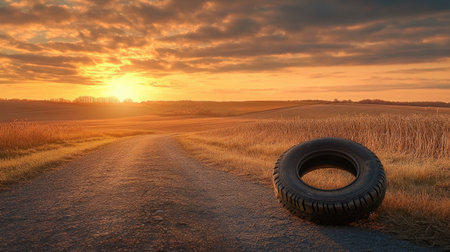A solitary tire rests on a dirt road, framed by vast rolling fields at sunset. The sky showcases dramatic clouds amid warm colors, creating a tranquil scene.の素材