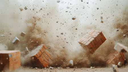 A powerful scene showcasing the dramatic explosion of bricks amidst a cloud of dust and debris, capturing the intensity of impact and destruction.の素材