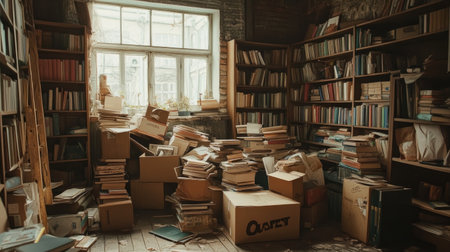 A cozy library filled with stacks of books and boxes, creating a warm atmosphere. Sunlight streams through the window, highlighting the chaos. Ideal for portraying a love for reading and learning.の素材