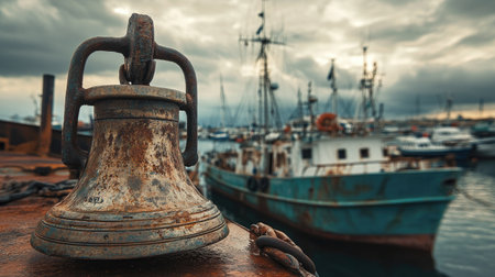 A close-up of a weathered ship bell reveals its rust and charm. In the background, fishing boats rest in a busy harbor under a moody sky.の素材