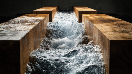 A dynamic display of water flowing between stylized wooden blocks, showcasing the beauty of nature and modern design in an indoor setting.の素材