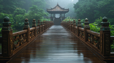 Experience the calm of a misty forest with this serene wooden bridge leading to a traditional pavilion, encapsulating tranquility and beauty.の素材