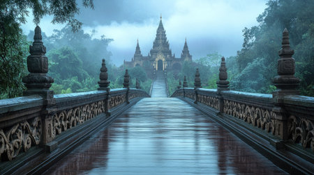 A stunning view of an ancient temple amidst lush greenery, with a wooden bridge reflecting on rain-soaked water, evoking tranquility and serenity.の素材