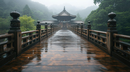A beautiful wooden bridge leads to a mist-covered pavilion, surrounded by lush greenery. This serene scene captures the essence of tranquility in nature.の素材