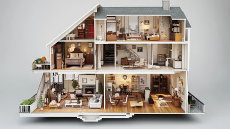 A visually engaging model of a two-story house showcasing various rooms, furniture arrangements, and modern decor elements ideal for home design projects.の素材