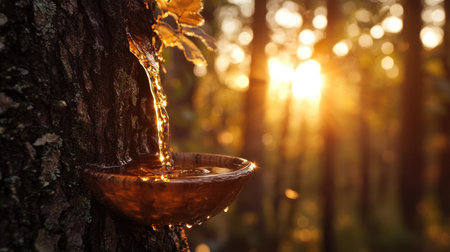 A close-up image showcasing the natural beauty of sap flowing from a tree into a wooden bowl, highlighted by soft sunlight filtering through a serene forest scene.の素材