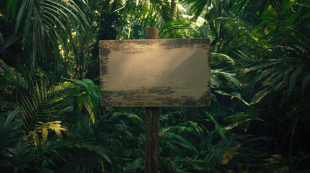 A rustic wooden sign stands empty in the heart of a lush tropical forest. Surrounded by vibrant greenery, this tranquil scene invites exploration and adventure.の素材