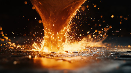 A captivating close-up of molten metal pouring from a furnace, showcasing vibrant sparks and glowing orange light against a dark industrial backdrop.の素材