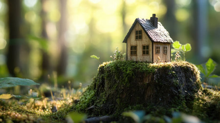 A captivating image of a tiny wooden house sitting on a tree stump, enveloped by vibrant greenery and gentle sunlight, evoking a sense of enchantment and serenity.の素材