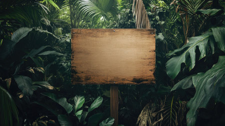 A rustic blank wooden sign set against a backdrop of vibrant tropical foliage, ideal for creative projects, advertising, or nature-themed presentations.の素材
