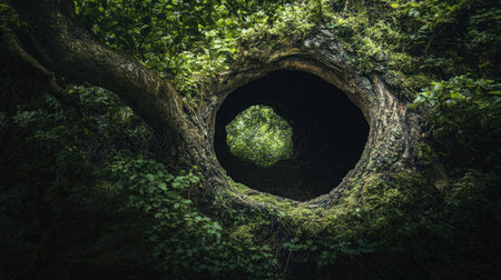 This captivating image showcases a unique circular view through a hollow in an ancient tree, framed by lush greenery, inviting exploration.の素材