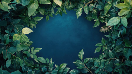 Discover a captivating arrangement of lush green leaves surrounding a serene blue backdrop. Perfect for nature-themed projects or eco-oriented designs.の素材