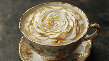 This stunning image features a detailed floral latte art resembling a rose, elegantly crafted in a vintage cup and saucer, set against a rustic background.の素材