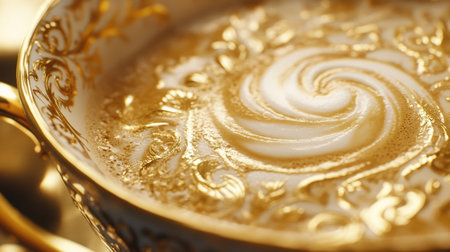 This stunning close-up captures a luxurious coffee cup adorned with intricate gold designs. The creamy foam forms a beautiful swirl, perfect for showcasing elegance and sophistication in beverage photography.の素材