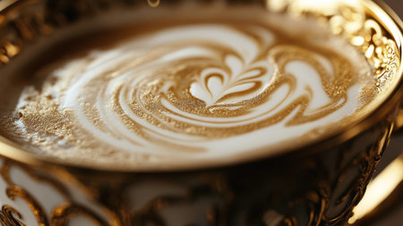 This close-up image captures the intricate foam design on a cup of luxurious coffee. The warm tones and ornate gold accents create a rich, inviting atmosphere.の素材
