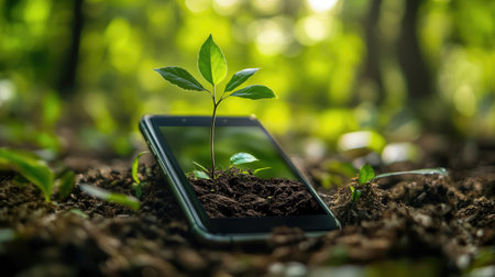 A smartphone is partially buried in soil with a young green plant emerging from the screen, symbolizing the connection between technology and nature, embodying growth and sustainability.の素材