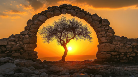 A captivating sunset scene featuring a solitary tree silhouetted against a vibrant sky, framed by an ancient stone archway. Perfect for nature lovers.の素材