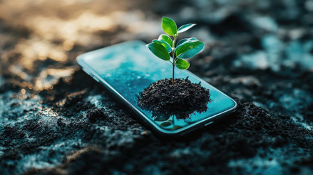 A captivating image showcasing a small plant growing in soil on a smartphone screen, symbolizing the intersection of technology and nature.の素材