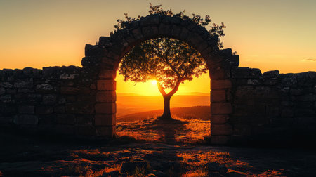 A stunning sunset scene framed by a rustic stone archway, with a solitary tree silhouetted against a vibrant golden horizon, evoking peace.の素材
