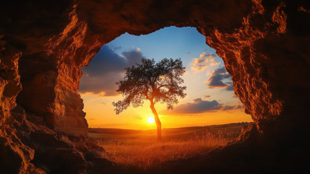 A stunning view of a sunset framed by a cave opening, showcasing an isolated tree. The warm colors of the sky contrast beautifully with the landscape.の素材