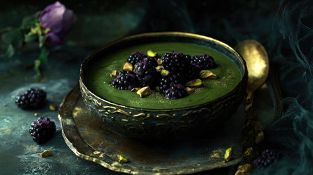 A beautifully styled dessert featuring a rich green base topped with ripe blackberries and crunchy pistachios, set in an ornate bowl.の素材