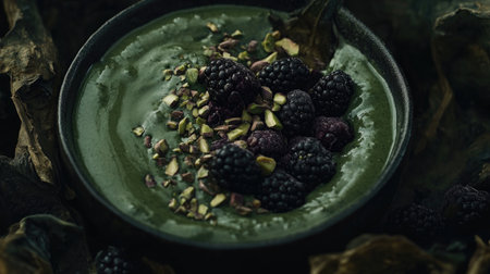 A visually striking green smoothie bowl topped with fresh blackberries and chopped pistachios, set against a dark, textured background.の素材