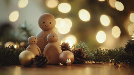 A charming scene featuring wooden family figurines surrounded by festive decorations and glowing lights, perfect for celebrating the warmth of the holiday season.の素材