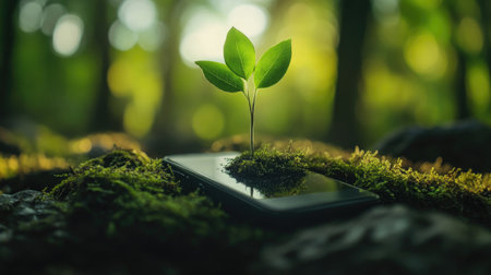 A small green plant emerges from a smartphone amidst moss, symbolizing the connection between nature and technology in a tranquil forest setting.の素材