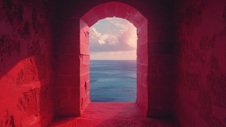 A captivating view of the ocean framed by an arched stone window, highlighted by warm red tones, evokes a sense of tranquility and beauty.の素材