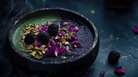 Indulge in a vibrant smoothie bowl showcasing a blend of fresh berries, nuts, and edible flowers, perfect for a healthy dessert or breakfast.の素材