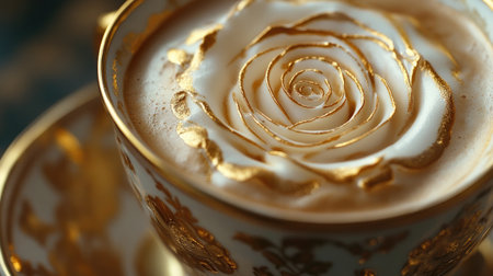 A beautifully crafted coffee cup featuring intricate rose latte art and luxurious gold accents, perfect for an elegant setting or coffee experience.の素材