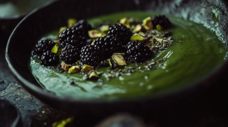 A mouthwatering green smoothie bowl featuring smooth texture, topped with ripe blackberries and crunchy pistachios, perfect for health enthusiasts.の素材