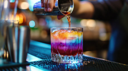 A bartender skillfully pours a vibrant cocktail into a glass filled with ice, showcasing beautiful color layers in a lively bar environment.の素材