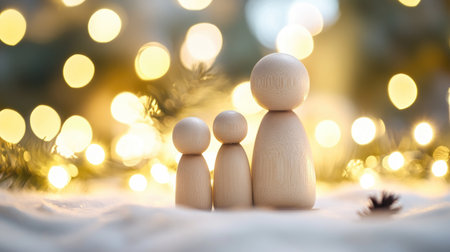 A charming scene featuring wooden figures symbolizing family unity, set against a backdrop of soft fabric and warm bokeh lights, evoking joy and togetherness.の素材