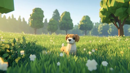 A playful low-poly dog stands in a vibrant green field surrounded by lush trees and blooming flowers, creating a serene outdoor scene.の素材