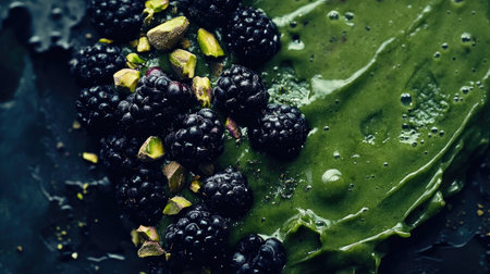 A luxurious green smoothie bowl featuring fresh blackberries and chopped nuts, ideal for creative and healthy breakfast options. Perfect for food lovers.の素材