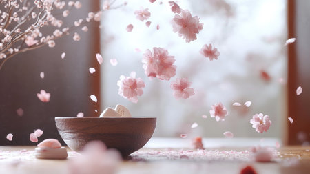 Experience the serene beauty of delicate cherry blossom petals floating over a wooden bowl filled with sweet treats, creating a tranquil and artistic scene perfect for spring-themed visuals.の素材