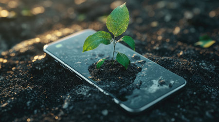 A young green plant emerges from the screen of a smartphone, resting on dark soil. This striking image symbolizes the seamless connection between technology and nature.の素材