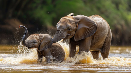 A heartwarming scene capturing a baby elephant joyfully splashing in water alongside its mother, showcasing their playful interaction in a serene natural habitat.の素材