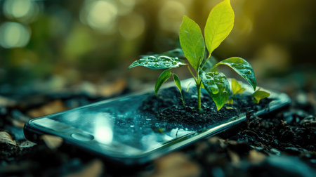 A modern smartphone showcases a vibrant green plant emerging from its screen, symbolizing the blend of technology and nature in a harmonious setting.の素材