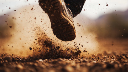 A dynamic close-up image capturing a foot in motion during a run, kicking up dust from dry ground, highlighting the essence of outdoor fitness.の素材