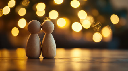 This image features two wooden figures standing closely together, capturing a moment of love and togetherness in front of beautifully blurred Christmas lights.の素材