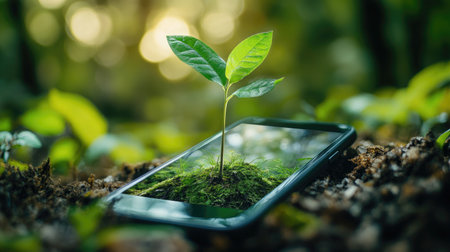 A vibrant sprout emerges from a smartphone screen, symbolizing the intersection of technology and nature. This image evokes ideas of growth, sustainability, and harmony in modern life.の素材
