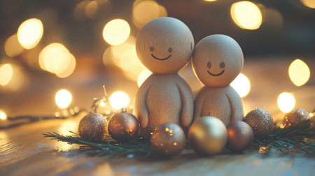 This enchanting image features two wooden figurines set against a backdrop of soft glowing lights and festive decorations, creating a joyful holiday atmosphere.の素材