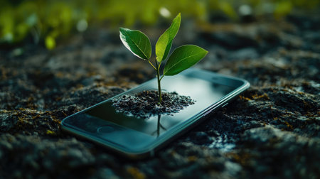 A unique image showcasing a vibrant plant sprouting from soil on a smartphone, representing the harmonious relationship between technology and nature.の素材