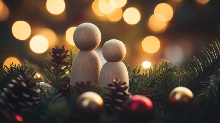 Two simple wooden figurines stand amidst pine cones and vibrant ornaments, beautifully illuminated by warm holiday lights, creating a cozy festive atmosphere.の素材