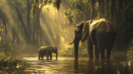 A serene scene depicts a mother elephant and her baby standing in calm waters, surrounded by lush forests illuminated by soft golden sunlight.の素材