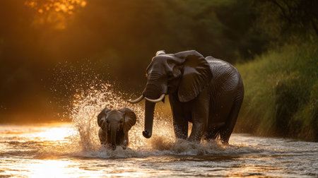 A beautiful scene capturing elephants splashing joyfully in a river during sunset, surrounded by lush greenery and warm reflections, showcasing nature's harmony.の素材