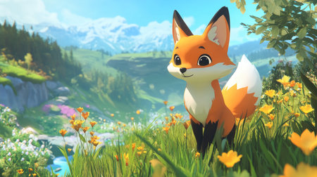 This charming cartoon fox captures the essence of joy and nature, standing amidst a colorful meadow with mountains in the backdrop, evoking a sense of adventure.の素材