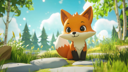This charming cartoon fox is portrayed in a lively nature setting, featuring colorful trees and bright blue skies, evoking joy and playfulness.の素材
